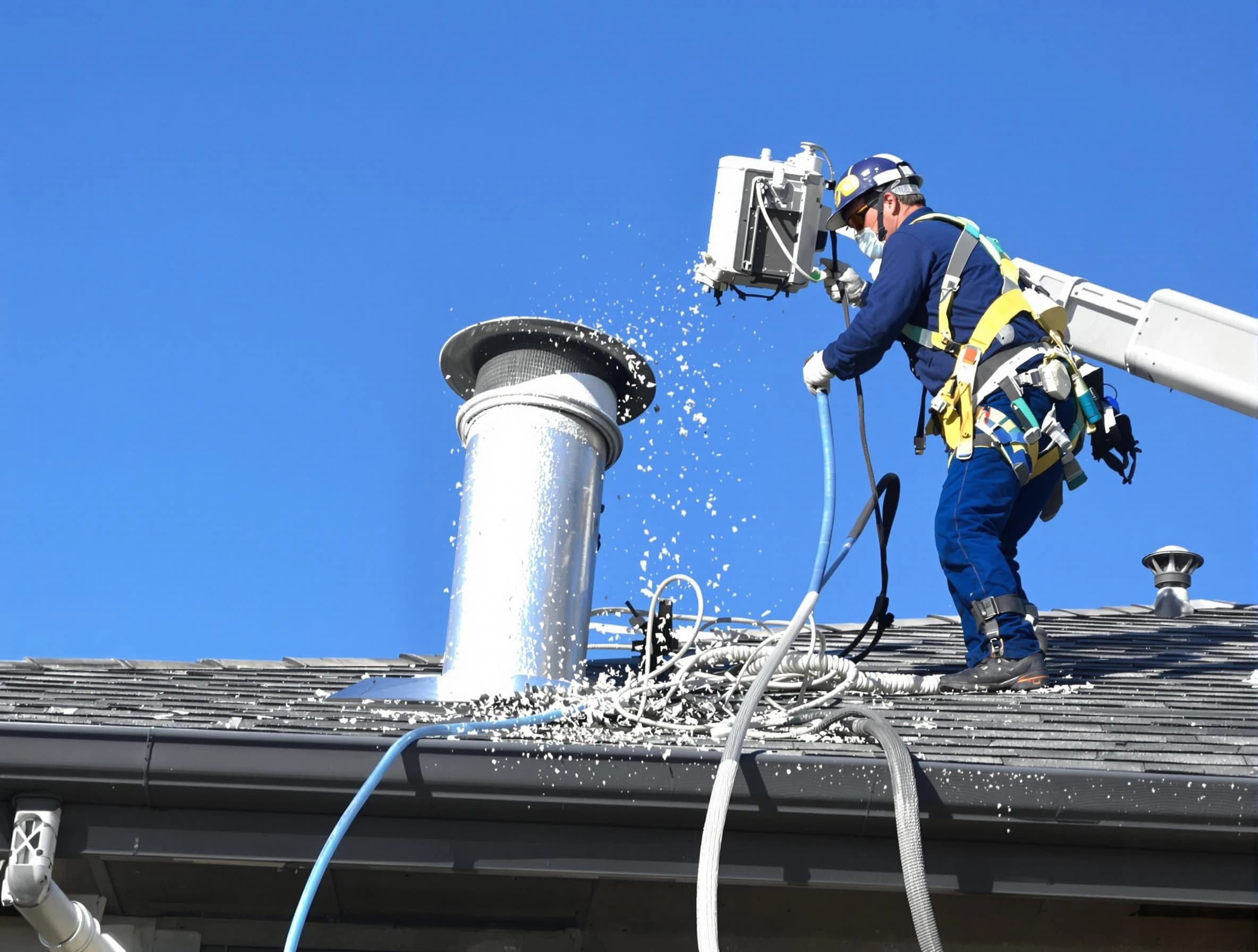 Peters Dryer Vent Cleaning certified technician safely cleaning a roof-mounted dryer vent in Peters