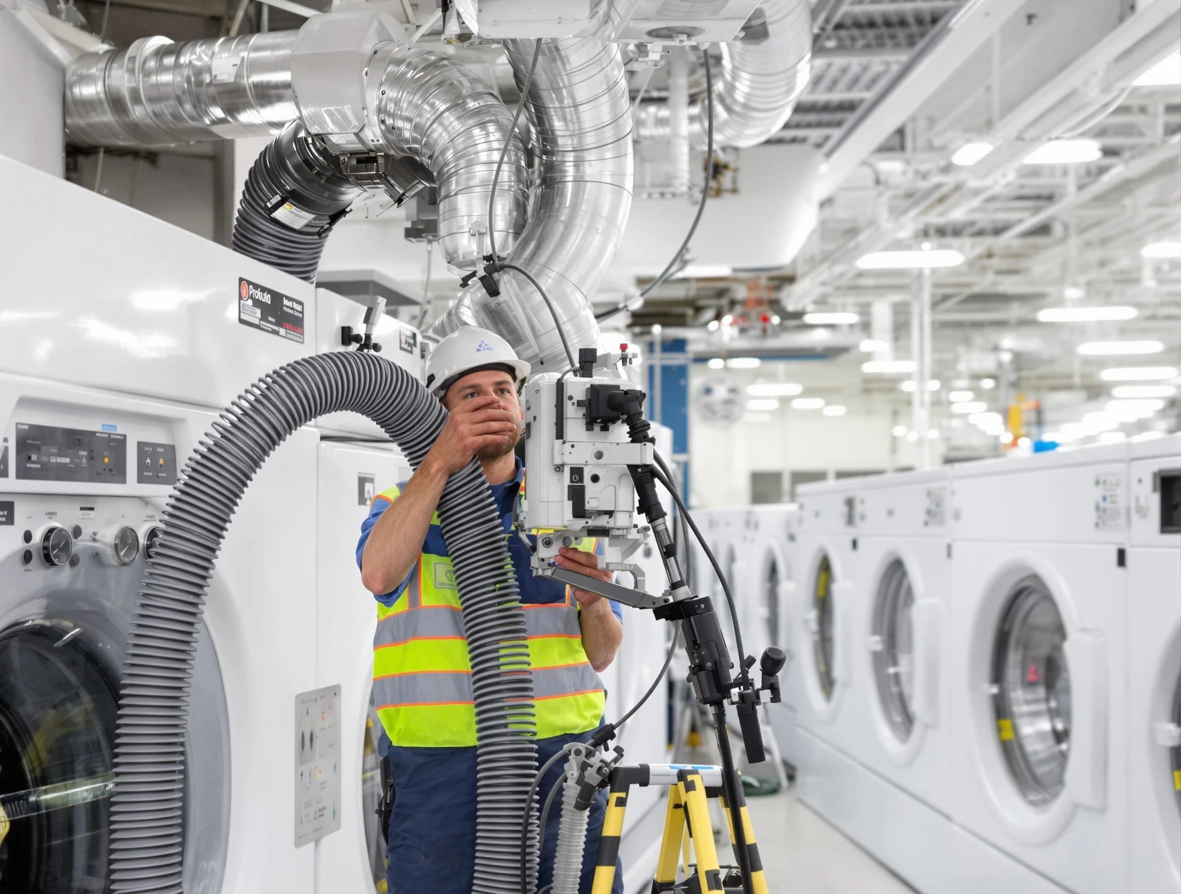 Peters Dryer Vent Cleaning team performing commercial-grade dryer vent cleaning at a business facility in Peters