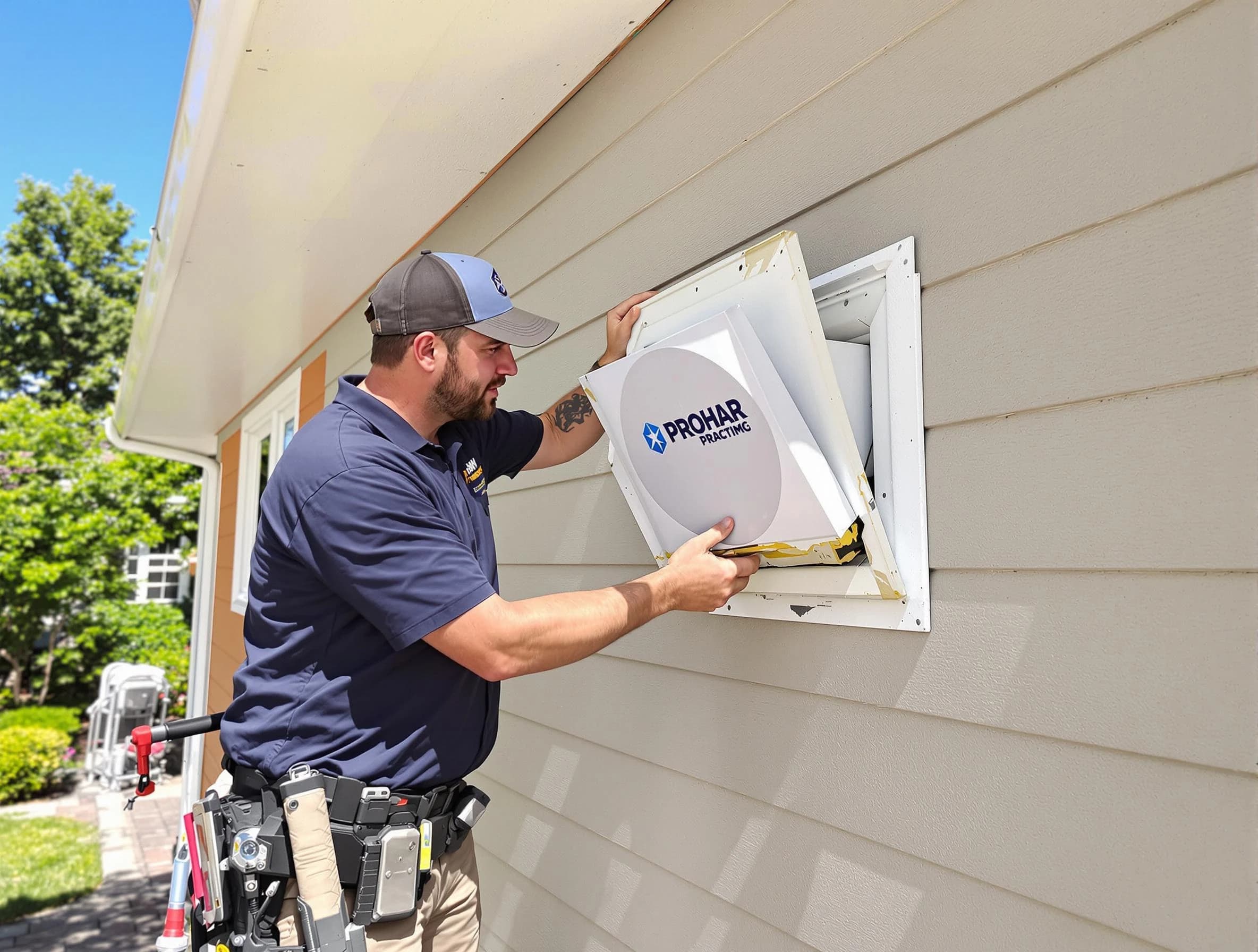 Peters Dryer Vent Cleaning technician installing a new protective dryer vent cover on a home in Peters