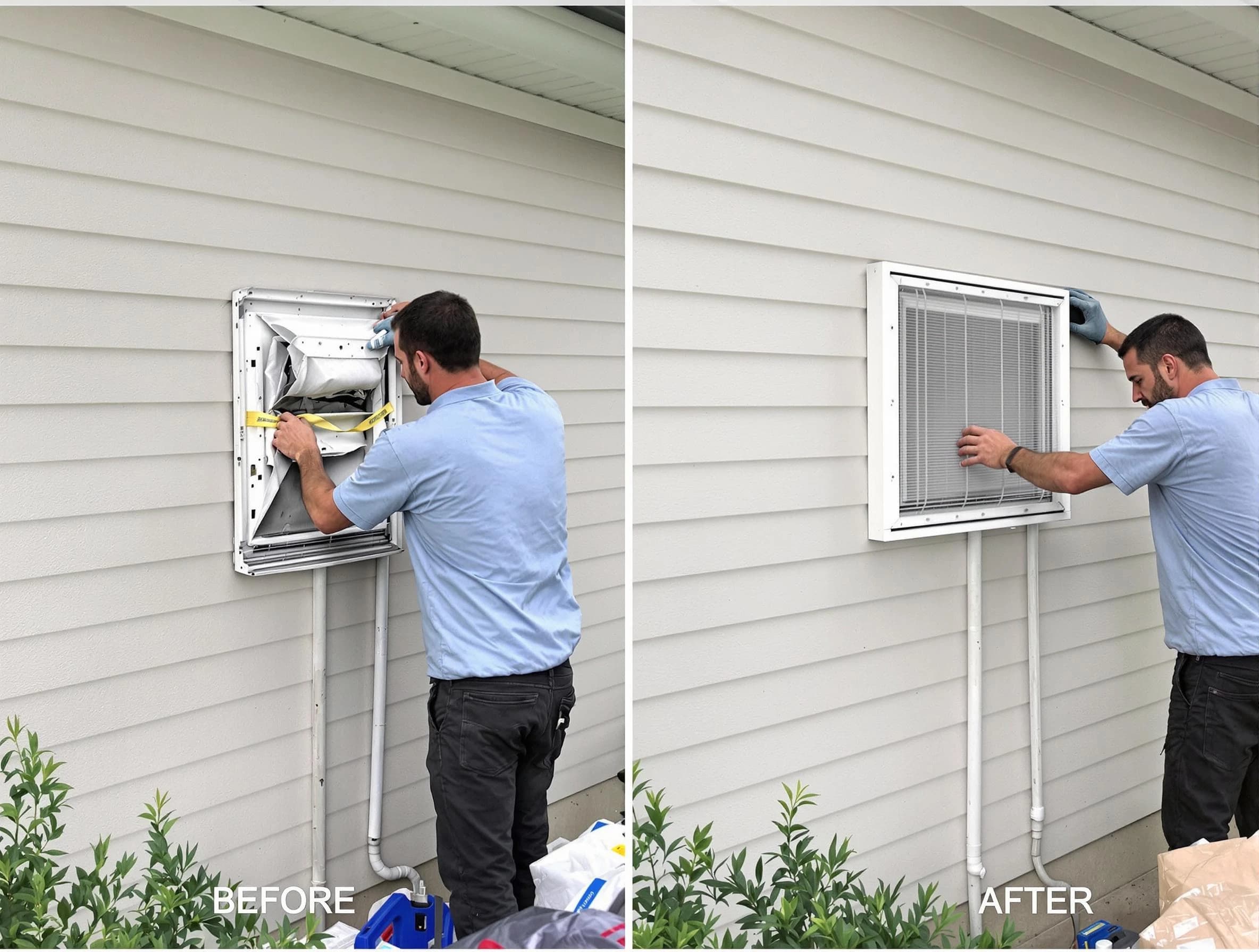 Peters Dryer Vent Cleaning technician installing high-quality dryer vent cover at a residential property in Peters