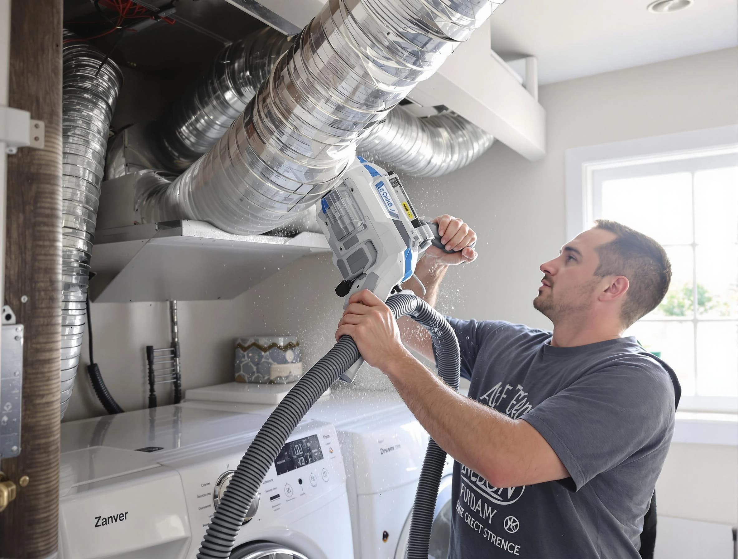 Peters Dryer Vent Cleaning specialist cleaning deep within a dryer vent duct system in Peters