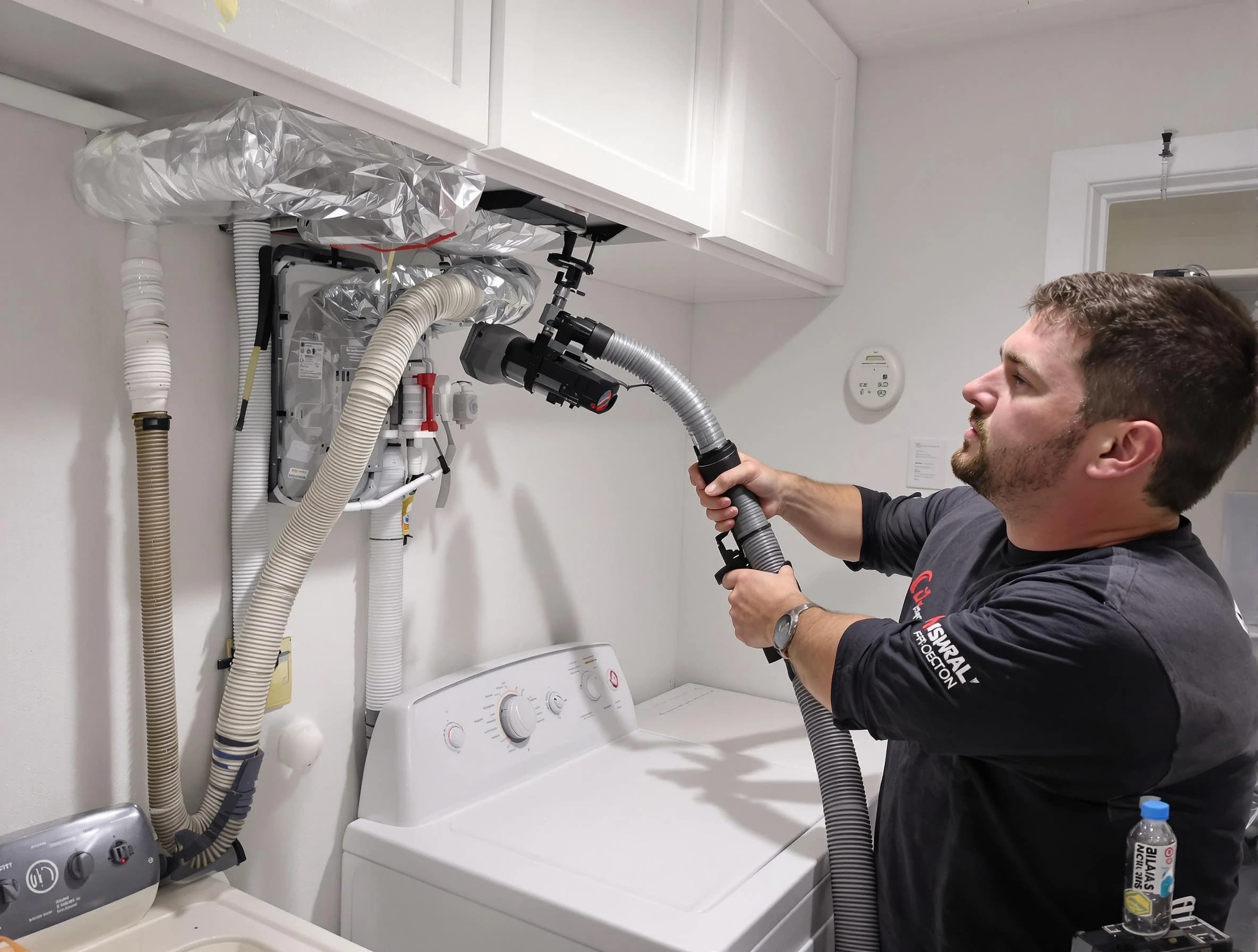 Peters Dryer Vent Cleaning certified technician performing safety-focused gas dryer vent cleaning in Peters