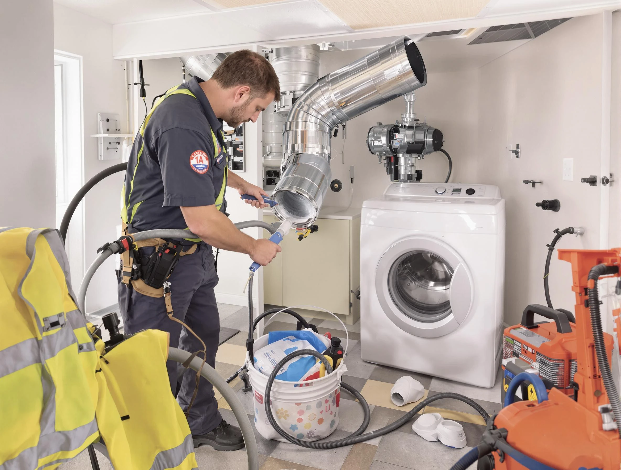Peters Dryer Vent Cleaning technician using specialized equipment to clear severe dryer vent blockage in Peters