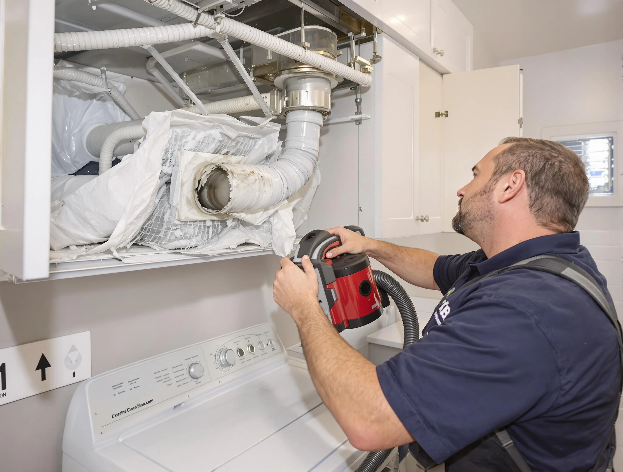 Peters Dryer Vent Cleaning technician performing professional exhaust vent cleaning at a residential property in Peters